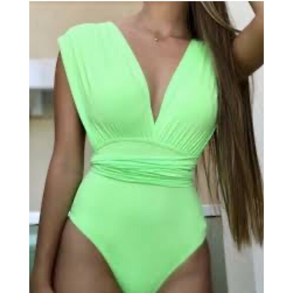 Skylar Rose Bodysuit Womens Large Green V-Neck Shirred Elegant Mermaid Fairy - Picture 1 of 8